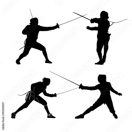 A modern graphic illustration isolates fencing silhouettes on a white background, focusing on the sport, the athlete, and the fencing player