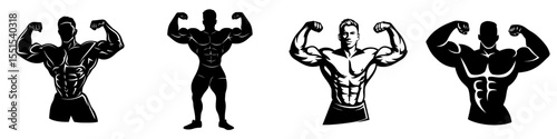 A modern illustration of a muscular bodybuilder is shown in silhouette, isolated on a white background, highlighting the sport man's strong arms as a body builder athlete
