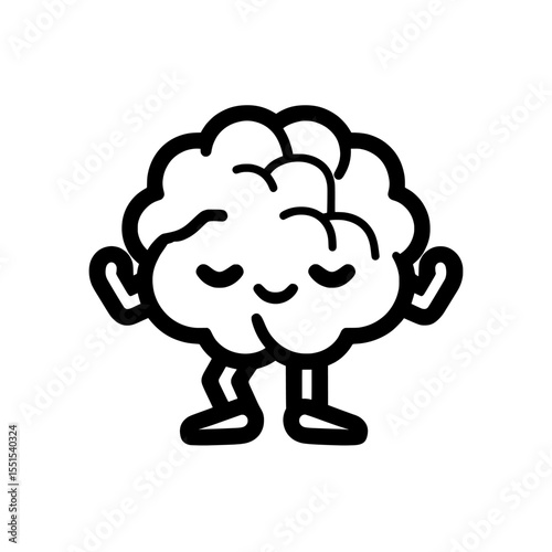 Modern illustration of a healthy human brain organ, depicted as cute and happy, isolated on a white background, symbolizing mental calm through yoga and relaxation, embodying a peace and meditation