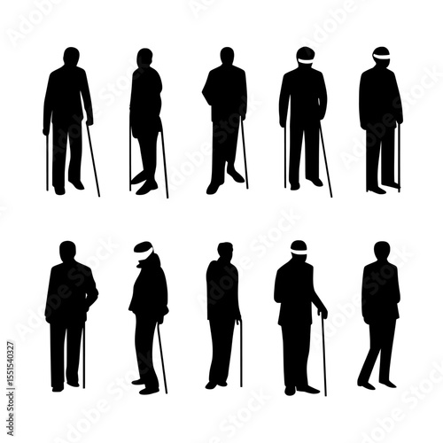 Silhouettes of blind individuals using canes are illustrated in a modern design isolated on a white background
