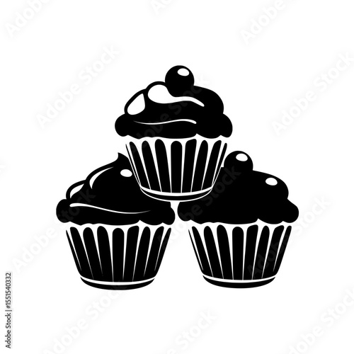 The pastry shop logo features a set of black cupcakes and a muffin logo in modern illustrations isolated on a white background, and this design can be used as an icon, sign, or symbol for a cupcake