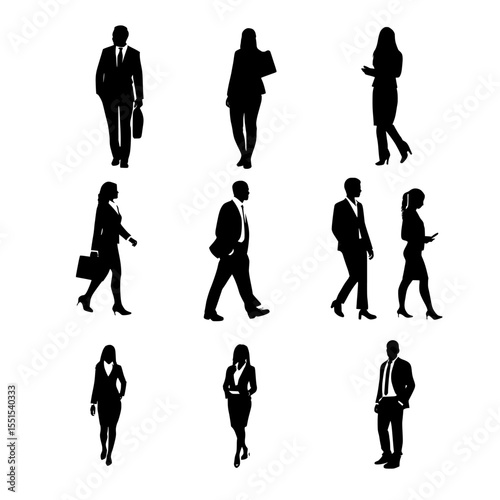 Inclusive business concept illustrated through modern artwork of men and women standing and walking, set against a clean white background in full length