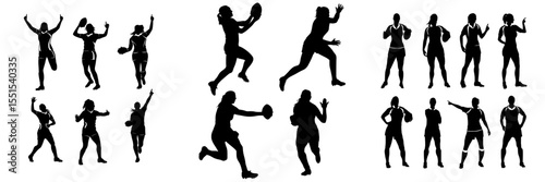 A collection of female rugby player silhouettes showcasing various poses and gestures, set against a white background in a contemporary illustration style