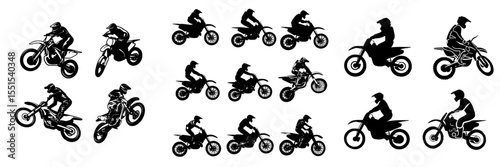 Modern graphic illustration featuring isolated motocross racers in silhouette form on a white background