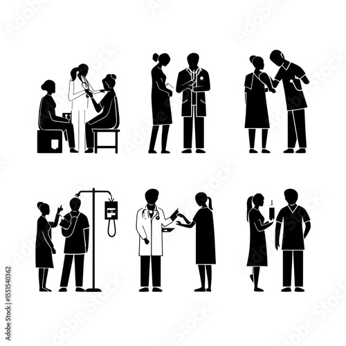 Patients who meet with doctors are part of a medical setting where health checks, consultations, and blood tests are conducted in hospitals or clinics, as depicted in a modern flat illustration on a