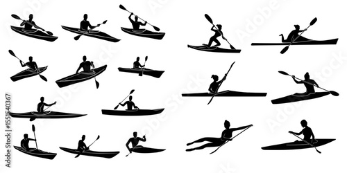 A collection of kayaking silhouettes showcasing various poses and gestures, isolated against a white background, in a modern illustration style