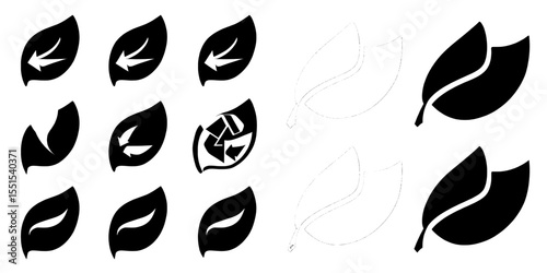 A set of icons representing leaf recycling, depicted in green, is available, showcasing biodegradable symbols on a white background