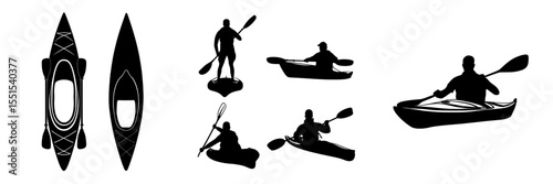 A set of kayaking silhouettes is depicted in a modern illustration, viewed from the front and set against a white background, symbolizing water sports and adventure