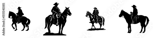 A cowboy or outlaw from the American west is depicted sitting atop a horse in this image, which features a contour silhouette of the rider on a white background