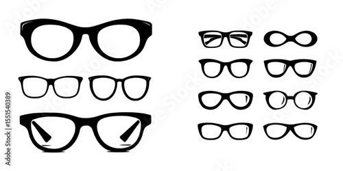 Icon of glasses, along with a set of various glasses icons, and a silhouette of black glasses isolated on a white background