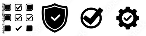 A set of editable stroke outline icons for quality assurance and control is presented in a flat, modern style on a white background, with pixel-perfect rendering at 64 x 64 resolution
