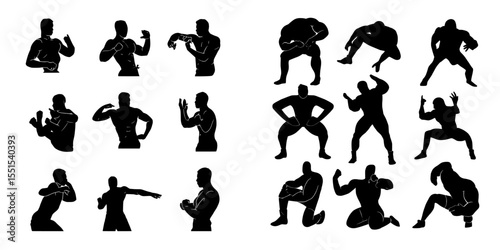 A modern illustration featuring silhouettes in various poses and gestures, set against a white background
