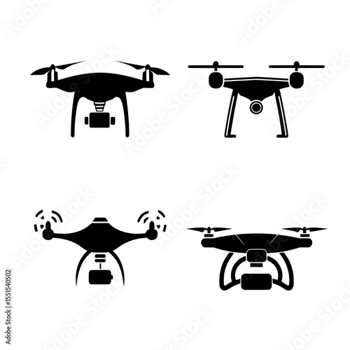 A modern set of drone icons features unmanned quadcopters as minimalist monochrome silhouettes isolated on a white background