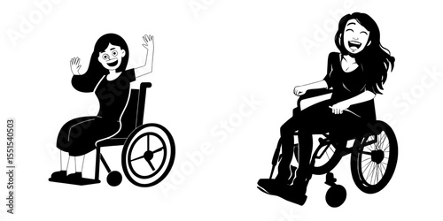 A cheerful young woman with a physical disability sits in a wheelchair, beaming with joy and positivity in a modern flat illustration set against a white background