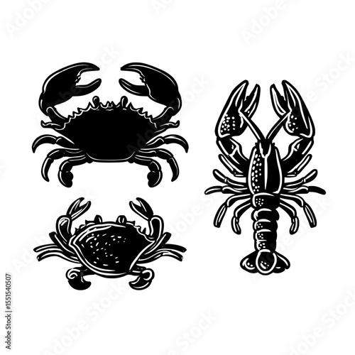 The illustration, hand drawn in a modern style, depicts a seafood set with crab and lobster outlined in blue, set against a white background, ideal for use in seafood menus or as part of coastal