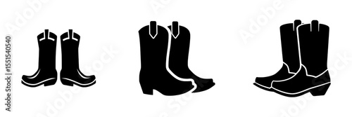 The icon set for Cowboy boots features a silhouette symbol, representing retro western fashion through a boot illustration that can be utilized for web and mobile applications, with a black modern