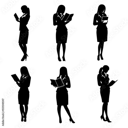 Collection of a woman reading a book in silhouette form in multiple poses on a white background