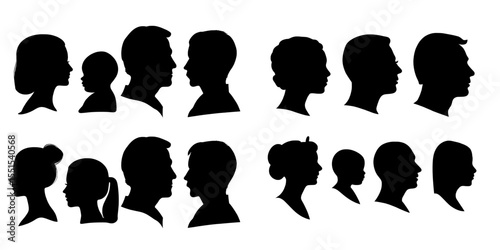 The life stages of men and women, from infancy to retirement, are represented by a set of face profiles in silhouette, isolated on a white background, highlighting the aging process