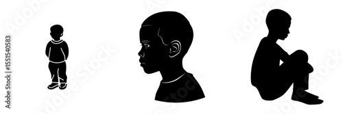 A modern illustration design featuring the silhouette of a sad black child isolated on a white background, represented as a child icon