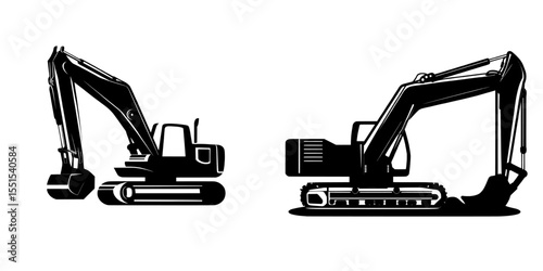 A black and white excavator silhouette is depicted in a modern illustration with hydraulic machinery and equipment for construction and earthmoving isolated on white