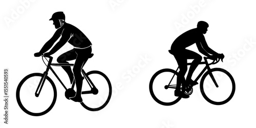 Black silhouette of a cyclist is set on a white background in this set