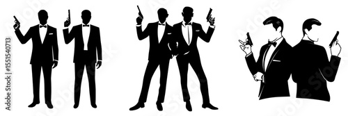 Elegant men in suits with bow ties and guns are depicted in silhouettes against a white backdrop in this Bond-inspired illustration of a man shooting