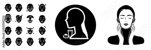 A set of skin care icons featuring editable stroke outlines is presented in isolation on a white background, exemplifying a flat, modern illustration style, with pixel perfection at 64 x 64