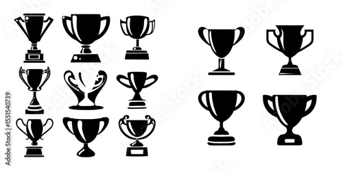 Big set sketch featuring a victory symbol with modern flat graphic illustrations of trophies isolated on white