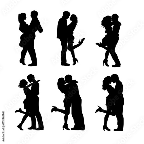 Silhouette set of a couple in love, presented in various romantic poses against a white background