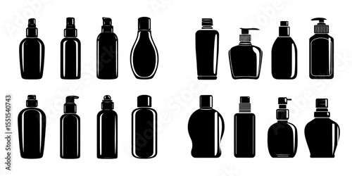 A variety of cosmetic bottles are displayed as silhouettes in different poses against a white backdrop