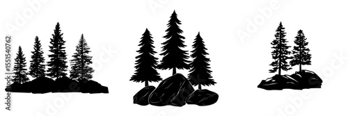 Volume 1 features small pine trees in silhouette form on a white rocky background