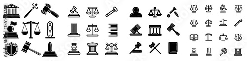 A collection of modern thin line icons representing law, legal, and justice systems on a white background