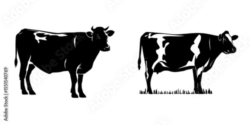 Clip art featuring the isolated silhouette of a cow is set against a white background in a modern illustration