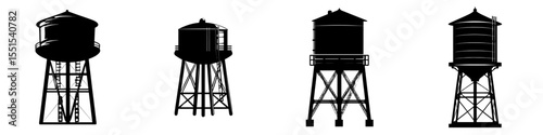 Modern illustration of a metal water tower with an oval water tank, depicted as a black silhouette, set against a white background in a countryside infrastructure setting
