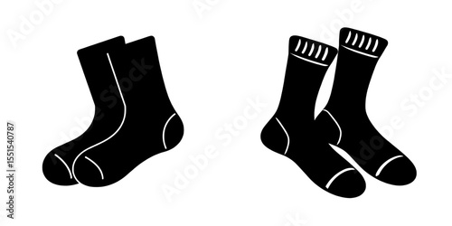 The silhouette of black socks is isolated on a white background, depicted in a modern illustration design as a socks icon