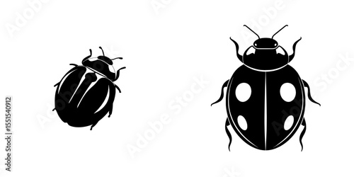 Design a modern ladybug illustration with a minimalist aesthetic, featuring a black silhouette set against a white background, ideal for contemporary designs