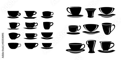 A collection of unique tea cup silhouettes are shown isolated on a white background in this modern illustration
