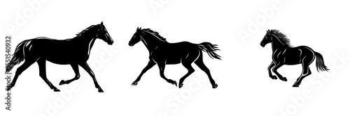 A modern art style illustration design featuring the silhouette of a trotting horse, showcasing elegance in movement against a white backdrop