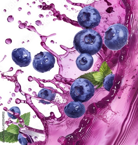 Fresh blueberries burst into vibrant purple liquid, creating a lively splash with droplets captured mid-air, emphasizing freshness and flavor