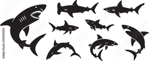 Set of shark black silhouette vector illustration with various poses