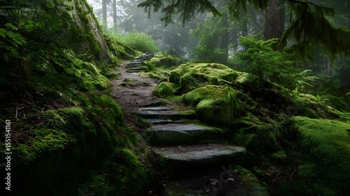 A narrow meandering path with stone steps leading through a lush moss covered forest filled with soft morning light and mist inviting hikers to explore the serene and peaceful natural surroundings