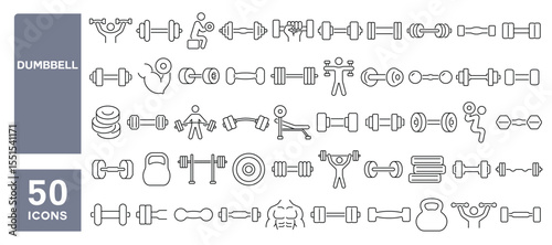 Set of 50 line icons related to dumbbell, barbell, bodybuilding, exercise, weight lift, weight dumbbells, Editable stroke. Vector illustration