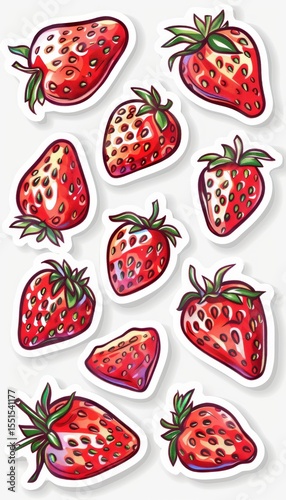 Bright red strawberry slices hover in mid-air, showcasing their vivid colors and unique forms in a playful, surreal manner