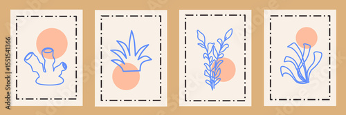 Abstract modern posters with outline coral. Contemporary print, nature themed, irregular chaotic shapes. Retro wall decor paintings with floral, seaweed, coastal. Vector illustration card collection.