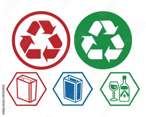 Colored Recycling Symbols and Material Types Vector Icons