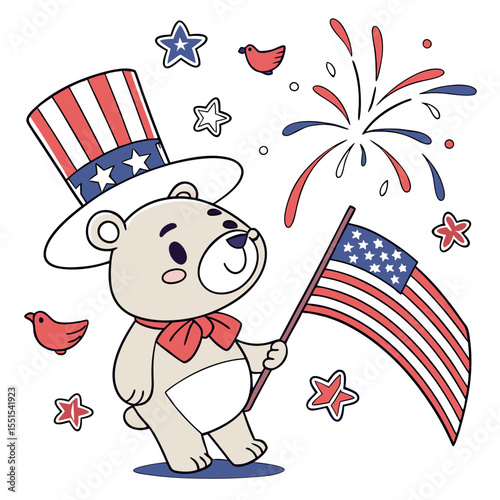 An adorable Bear with a Happy vibe, wearing a bowtie, and a Patriotic Spark Independence Day (4th of July) theme – SVG style