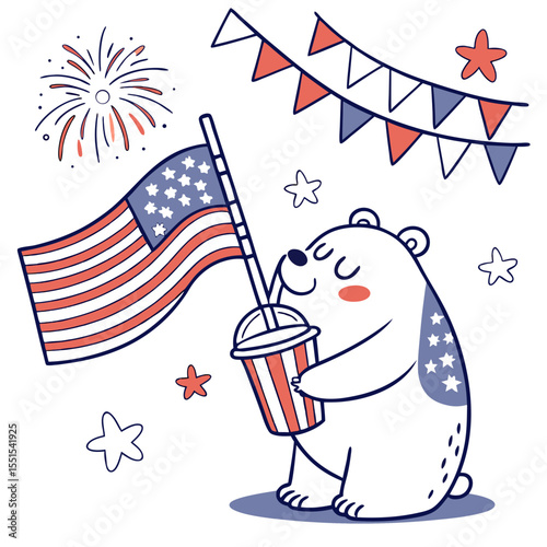 SVG art: A Grumpy Bear in a Independence Day (4th of July) vibe with with a bubble tea, tinted with Patriotic Spark tones