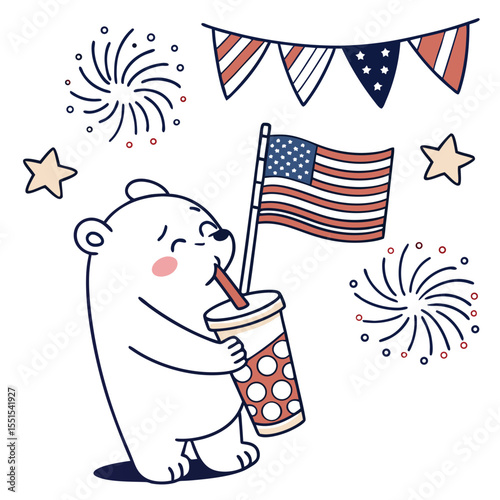 SVG art: A Grumpy Bear in a Independence Day (4th of July) vibe with with a bubble tea, tinted with Patriotic Spark tones