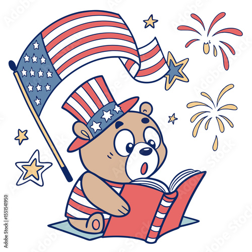 Playful Surprised Bear design, styled with reading a book and Patriotic Spark shades in a Independence Day (4th of July) setting