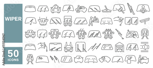 Set of 50 line icons related to wiper, windscreen, vehicles, car window, windshield, wipers, Editable stroke. Vector illustration